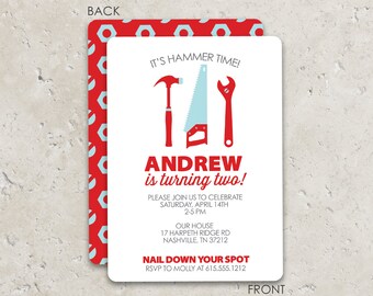 Tools Birthday Party Invitations . Fun 2-sided Design on premium cardstock . Great for construction or builder boy parties