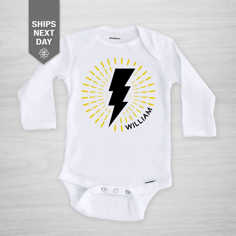 Lightning Bolt Personalized Onesie® modern, starburst, superhero, comic book style, Baby Gerber Onesie® image 1