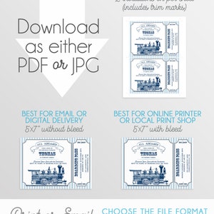 May include: Printable invitation template for a birthday party featuring a blue and white train engine with the text "All Aboard! Take a ride on the Express Train! Thomas is turning three!" and "Boarding Pass". The template is available in PDF or JPG format and can be printed at home or at a local print shop.