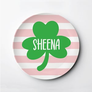 St. Patrick&#39;s Day Personalized ThermoSāf® reusable plate, Shamrock with pink stripes, dishwasher, microwave safe, personalized
