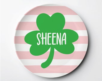 St. Patrick's Day Personalized ThermoSāf® reusable plate, Shamrock with pink stripes, dishwasher, microwave safe, personalized