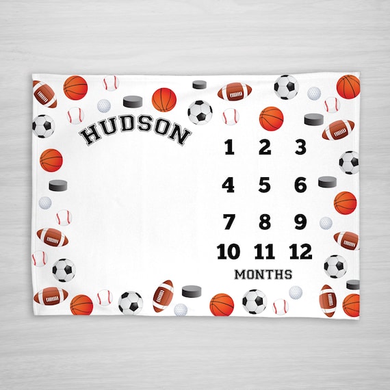 Baby Milestone Blanket- Baby Month Blanket - Sports Theme - Boy - Baby Blanket - Baby Shower Gift - football, basketball, hockey, baseball Il_570xn