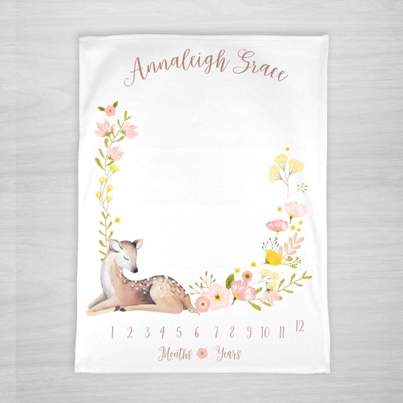 Baby Month Milestone Blanket Deer with flowers Girl Personalized