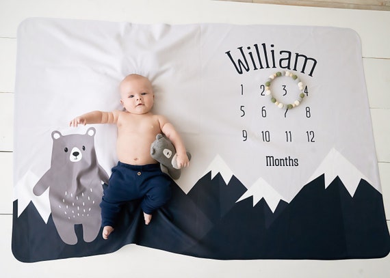 Baby Month Milestone Blanket- Mountain | Bear | Boy - Personalized Baby Blanket - Track Growth and Age - New Mom Baby Shower Gift Il_570xn