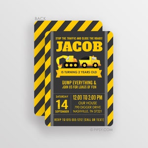 Construction Vehicles Birthday Invitation, backhoe & dump truck You choose: Premium Printed Invitations or Digital JPG image 1