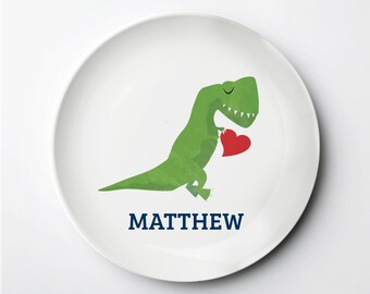 Valentine's Day Kids Plate, Personalized ThermoSāf® reusable plate, Dinosaur with heart, dishwasher, microwave safe