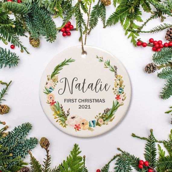 Baby's First Christmas Ornament - Ceramic - Olive Wreath Design - Baby Gift - New Baby keepsake Ornament - 2021 First Christmas Il_570xn