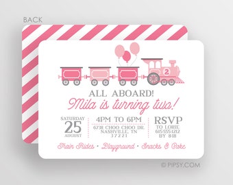 Train Birthday Party Invitation for girls, Pink and Grey, Girl Train Party Invitation - Balloons