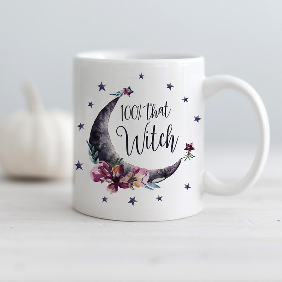 100% That Witch Halloween Mug, Funny Coffee Cup, Satire, Moon Stars and Flowers Il_570xn