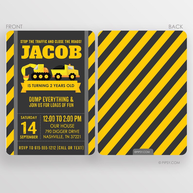 Construction Vehicles Birthday Invitation, backhoe & dump truck You choose: Premium Printed Invitations or Digital JPG image 2