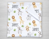 Jungle Animals Baby Name Blanket with Lion, Elephant, Giraffe, Monkey and Zebra Africa, Swaddle, Personalized New Mom Shower Gift Il_170x135