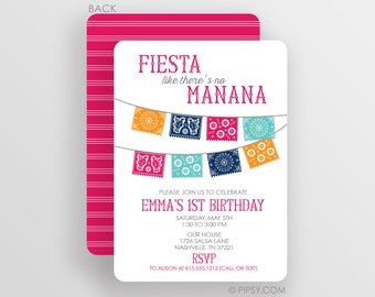 Fiesta Birthday Invitation, Cinco De Mayo, Papal Picado, choose custom colors, you pick printed cardstock invites or digital JPG