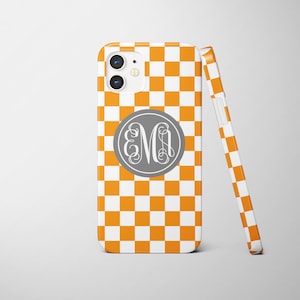 Orange Checkerboard Monogrammed iPhone Case,  choose your colors, for iPhone 16 & prior models. Graduation gift, mag safe