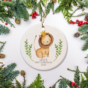 Baby&#39;s First Christmas, Personalized Ornament, Lion with Crown Ornament, Safari Watercolor Ornament, Baby&#39;s 1st Christmas Keepsake Gift