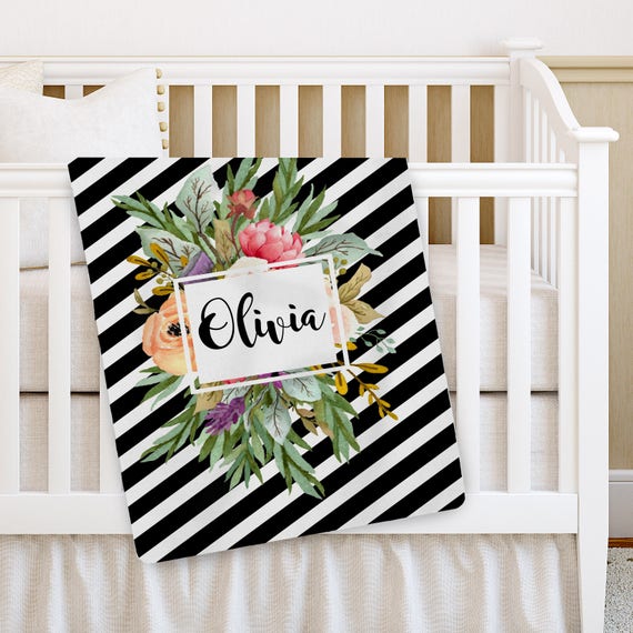 Personalized Baby Blanket, Bold Frame Floral Girl Baby blanket, Receiving Blanket, Crib Blanket, Swaddling Blanket, Baby Shower Gift Il_570xn