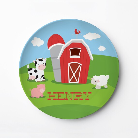 Personalized Child's Plate -Barn polymer plate with farm animals, Microwave, Oven, and Dishwasher Safe, Made in USA Il_570xn
