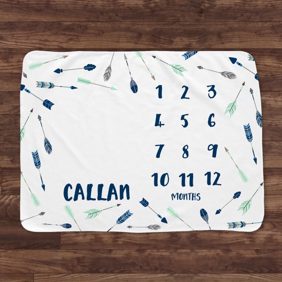 Milestone Blanket - Baby Month Milestone Blanket- Mint and Navy Arrows - Personalized Baby Blanket - Track Growth Age - Baby Shower Gift Il_570xn
