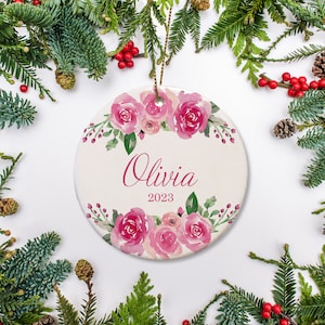 Personalized Baby's First Christmas Ornament: Pink Roses Ceramic