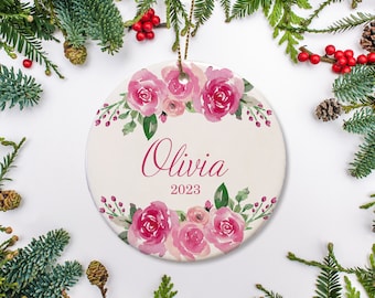 Baby's First Christmas Ornament, Personalized, grandchild or niece Christmas Gift, Pink Roses Ornament, Kids Christmas