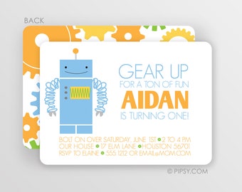 Boy Birthday Invitation, Robot First Birthday Party Invitations  "Gear UP", Digital JPG or Printed Cardstock