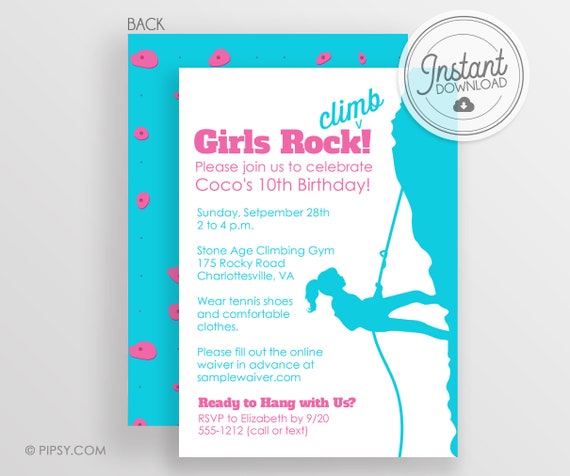 Girl Rock Climbing Invitation, Tween or Teen Girl Birthday Party Invitation, DIY Instant Download, Personalize at home, Templett Invitation Il_570xn