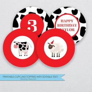DIY Farm Party Animals CUPCAKE TOPPERS Instant Download & Editable File Personalize at home with Adobe Reader image 1