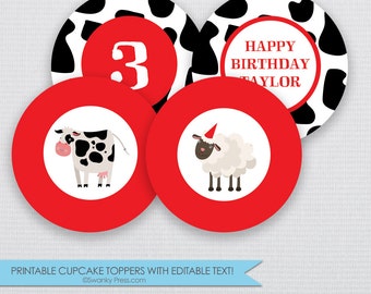 DIY Farm Party Animals CUPCAKE TOPPERS - Instant Download & Editable File - Personalize at home with Adobe Reader