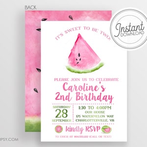 Watermelon Second Birthday Invitation: Editable Template (Digital Download)