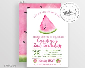 Watermelon Party Invitation, Second Birthday, Templett Invitation, DIY, Instant Download Editable File, Personalize at home Templett