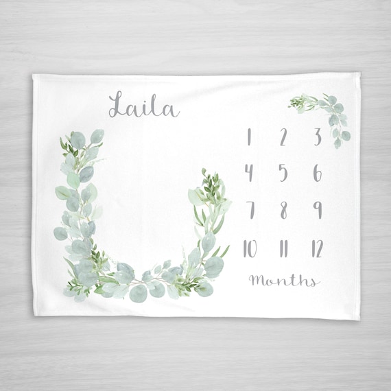 Baby Milestone Blanket- Eucalyptus Leaf Open Wreath Design, Personalized, Watch Me Grow, New Mom Baby Shower Gift Il_570xn