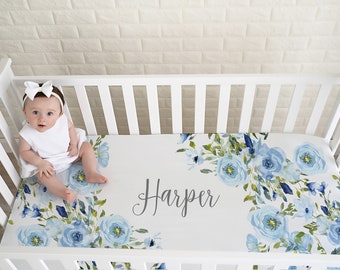 Personalized Fitted Crib Sheet, Watercolor Blue Floral, Baby Shower Gift
