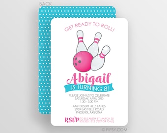 Bowling Invitation, Birthday Party Invitations for a girl, Pink