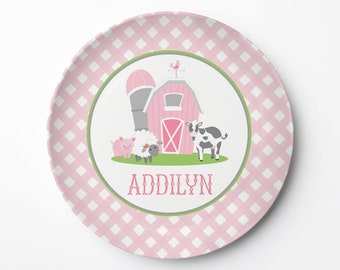 Personalized Kids Plate, Farm Party Plate, Pink Gingham for a girl, Barn, Cow, Sheep, Pig, personalized with your child's name