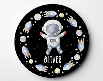 Personalized Kid's Plate, Astronaut in space with rocket ship and planets, on a black starry sky, ThermoSāf® Plate