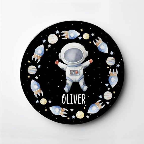 Personalized Kid's Plate, Astronaut in space with rocket ship and planets, on a black starry sky, ThermoSāf® Plate Il_570xn
