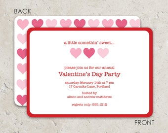 Valentine's Day Party Invitation - three hearts -  Fun 2-sided Design on premium cardstock