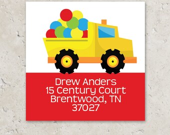 Return Address Sticker . Favor Sticker . Gift Tag . Dump Truck with Balls