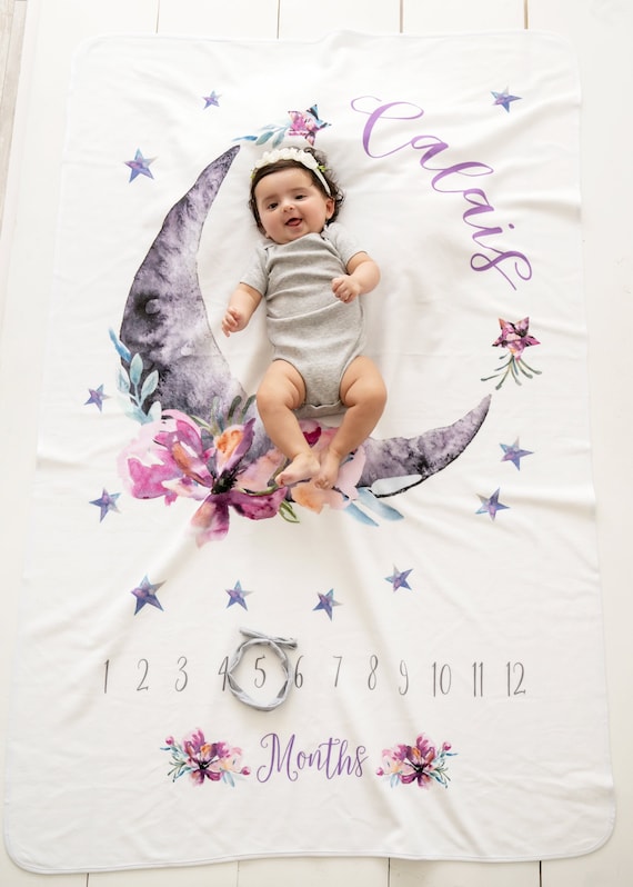 Baby Month Milestone Blanket- Moon and Stars - Celestial - Girl - Personalized Baby Blanket - New Mom Baby Shower Gift Il_570xn