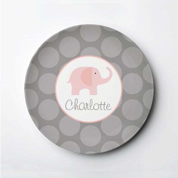 Elephant Personalized Child's Plate, Pink and Gray Polka Dots, Polymer Plate, Microwave Dishwasher Oven Safe, Lasts for years Il_570xn