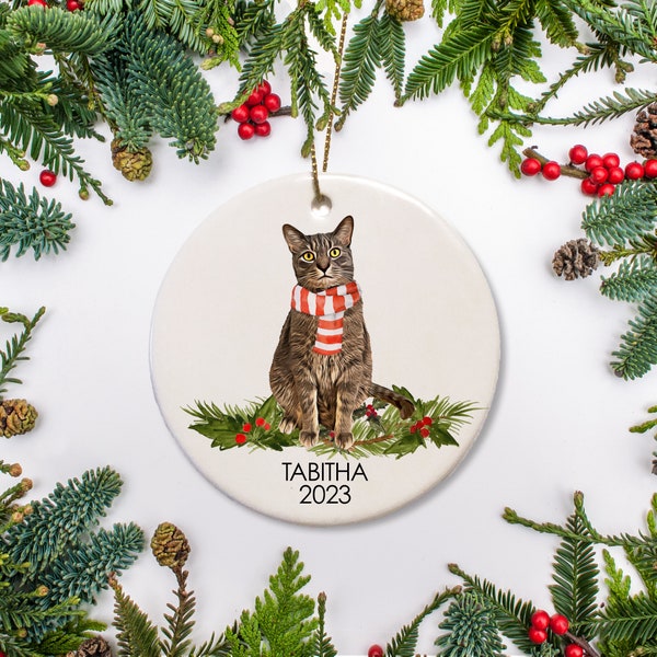 Tabby Cat Christmas Ornament, Personalized Cat Ornament, striped cat, Christmas Gift for Cat Lover, Gray Brown