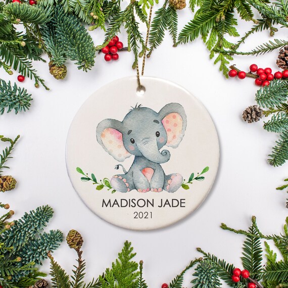 Elephant Christmas Ornament, Personalized, Baby Girl Ornament, Watercolor Elephant Pink Polka Dot Ornament, Baby's 1st Christmas 2021 Il_570xn