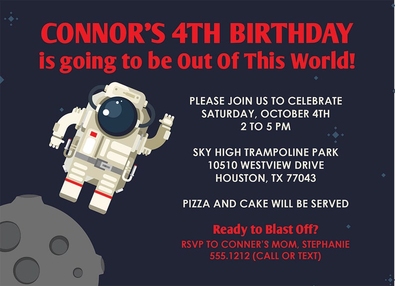 Astronaut Invitation, Space Invitation, Space Birthday Party, Astronaut Alien party, bounce party, trampoline party Party Invitation image 2