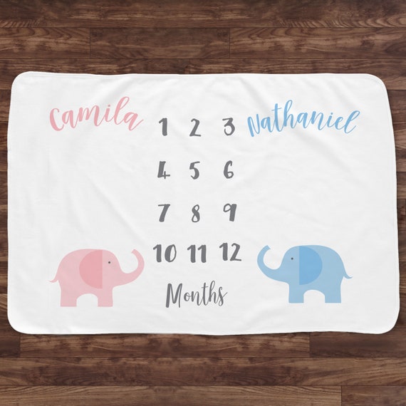 Twin Baby Month Milestone Blanket, Elephants, Twins Personalized Baby Blanket - Track Growth and Age - New Mom Baby Shower Gift Il_570xn