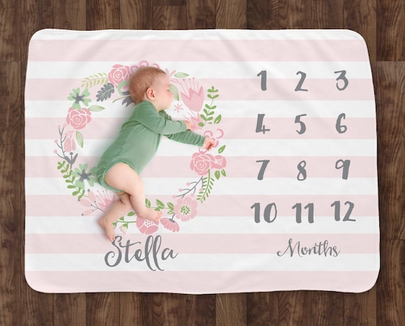 Baby Girl Milestone Blanket- Pink Floral Wreath - Month Tracker - Striped Personalized Baby Blanket -Track Growth -New Mom Baby Shower Gift Il_570xn