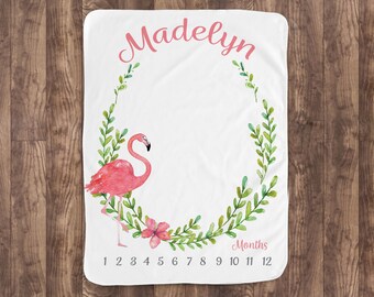 Baby Month Milestone Blanket- Flamingo- Watercolor - Girl - Personalized Baby Blanket - Track Growth and Age - New Mom Baby Shower Gift