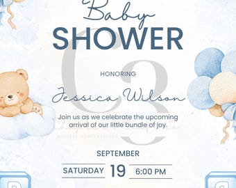 Teddy Bear Baby Shower Invitation, Blue Boy Theme, Editable Template (Digital Download)
