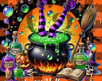 Halloween Witch Cauldron PNG | Spooky Potion SVG | Witch Legs Sublimation Design | Canva Template