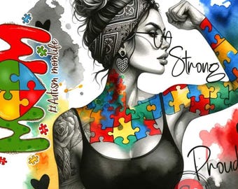 Autism Awareness Strong Mom PNG, Sublimation Designs (5 Images)