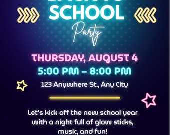 Back to School Party Invitation Canva Template | Neon Glow Event Invite | Editable Celebration Flyer