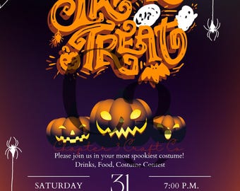 Spooky Halloween Party Invitation | Trick or Treat Costume Party (Digital Download) Editable Canva Template